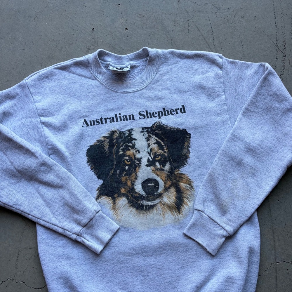 Vintage 90s Lee Australian Shepherd Dog Graphic Sweatshirt Gray Medium USA Made